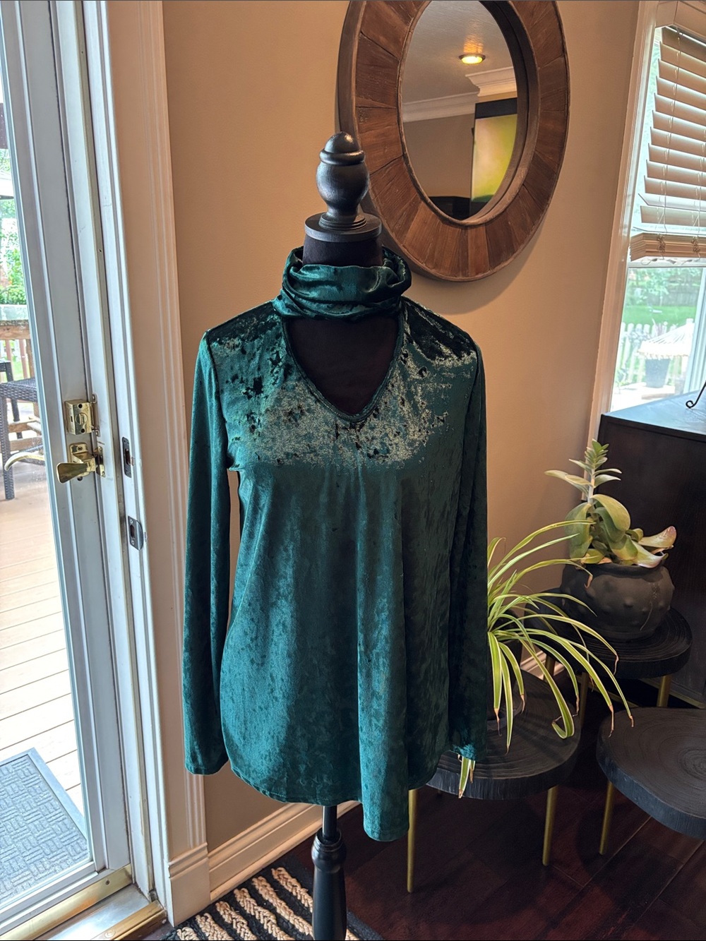 Velvet Emerald Green Long-Sleeve Top with Scarf Neck